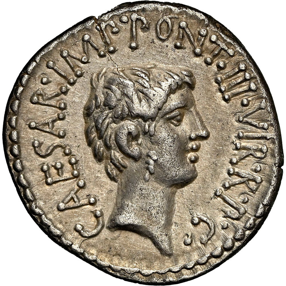 Marc Antony and Octavian AR Denarius Silver Coin 41 BC - NGC XF 5/5 Strike