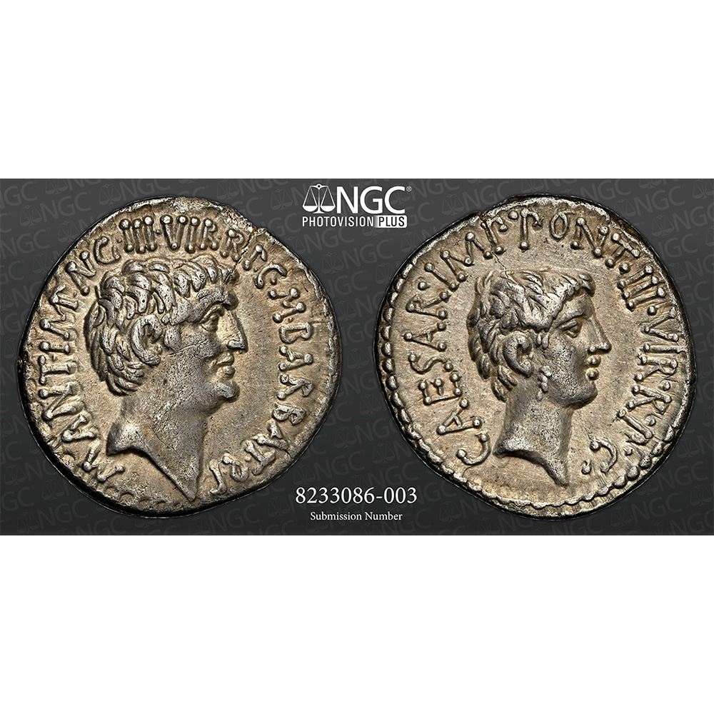 Marc Antony and Octavian AR Denarius Silver Coin 41 BC - NGC XF 5/5 Strike