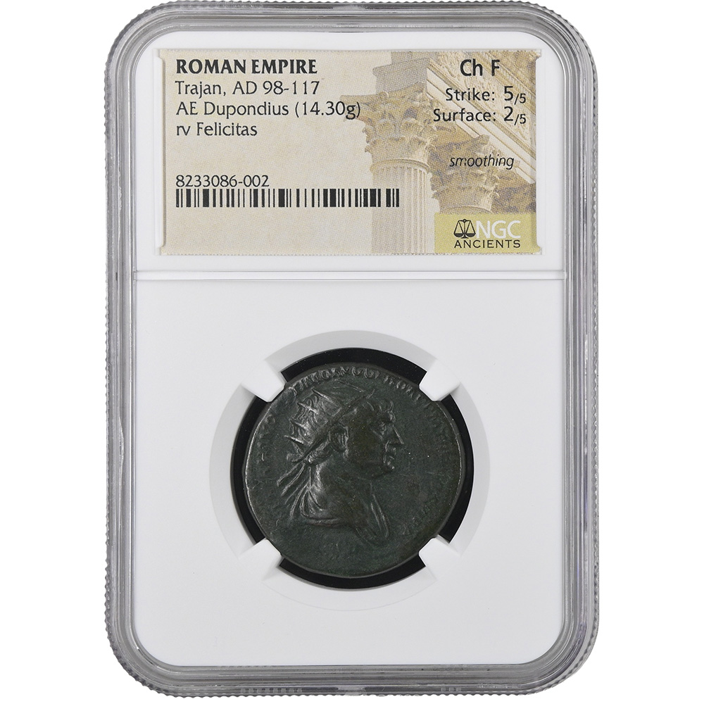 Roman Empire Trajan AD 98-117 AE Dupondius RV Felicitas NGC CH F
