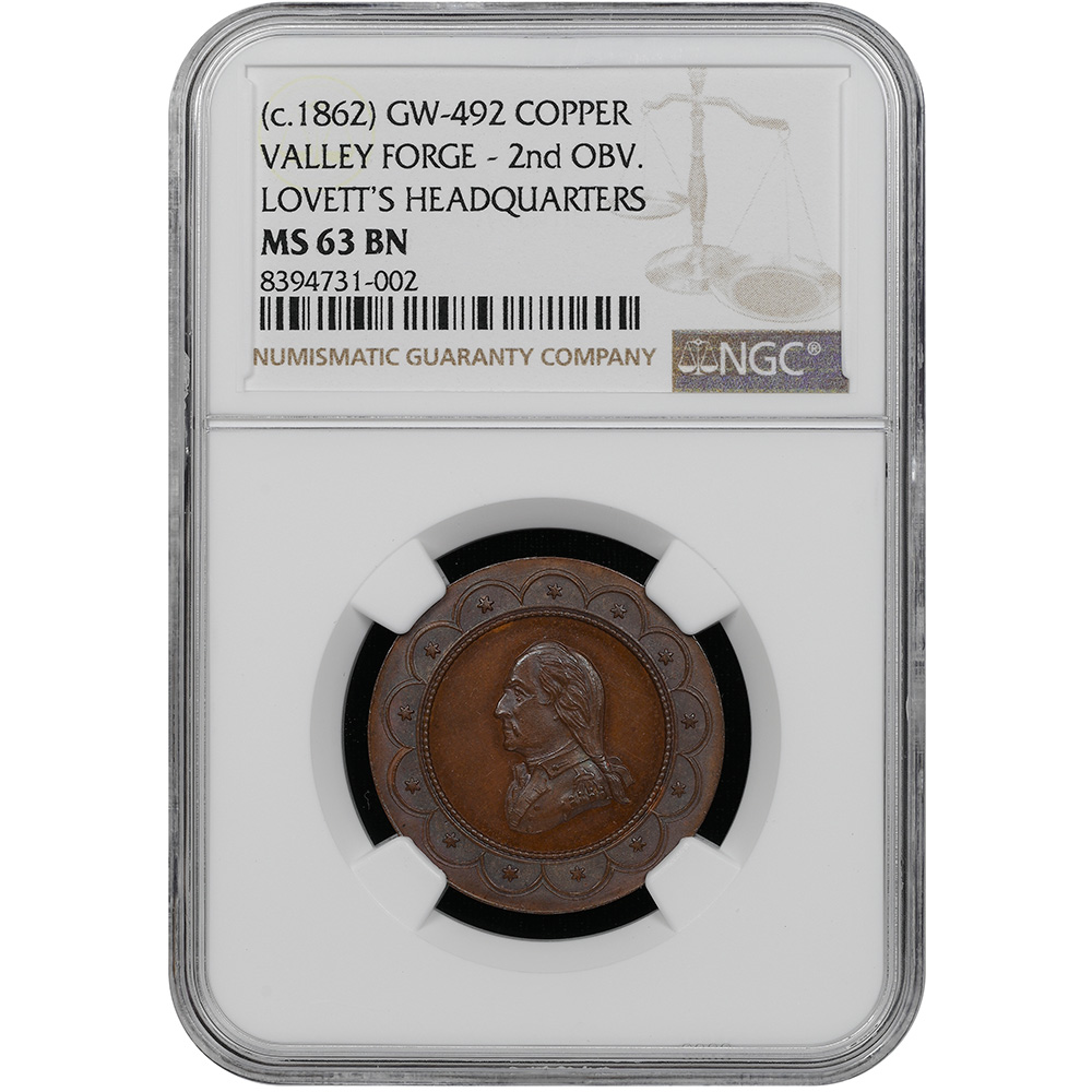 1777-1778 (c. 1862) George Hampden Lovett's Headquarters Series Medal. No. 5, Valley Forge NGC MS 63 BN