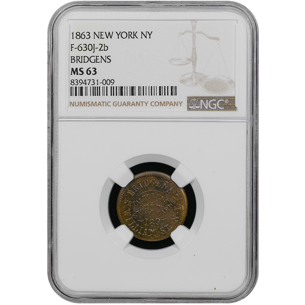 Civil War Token 1863 New York NY William H. Bridgens F-630J-2b Brass R7