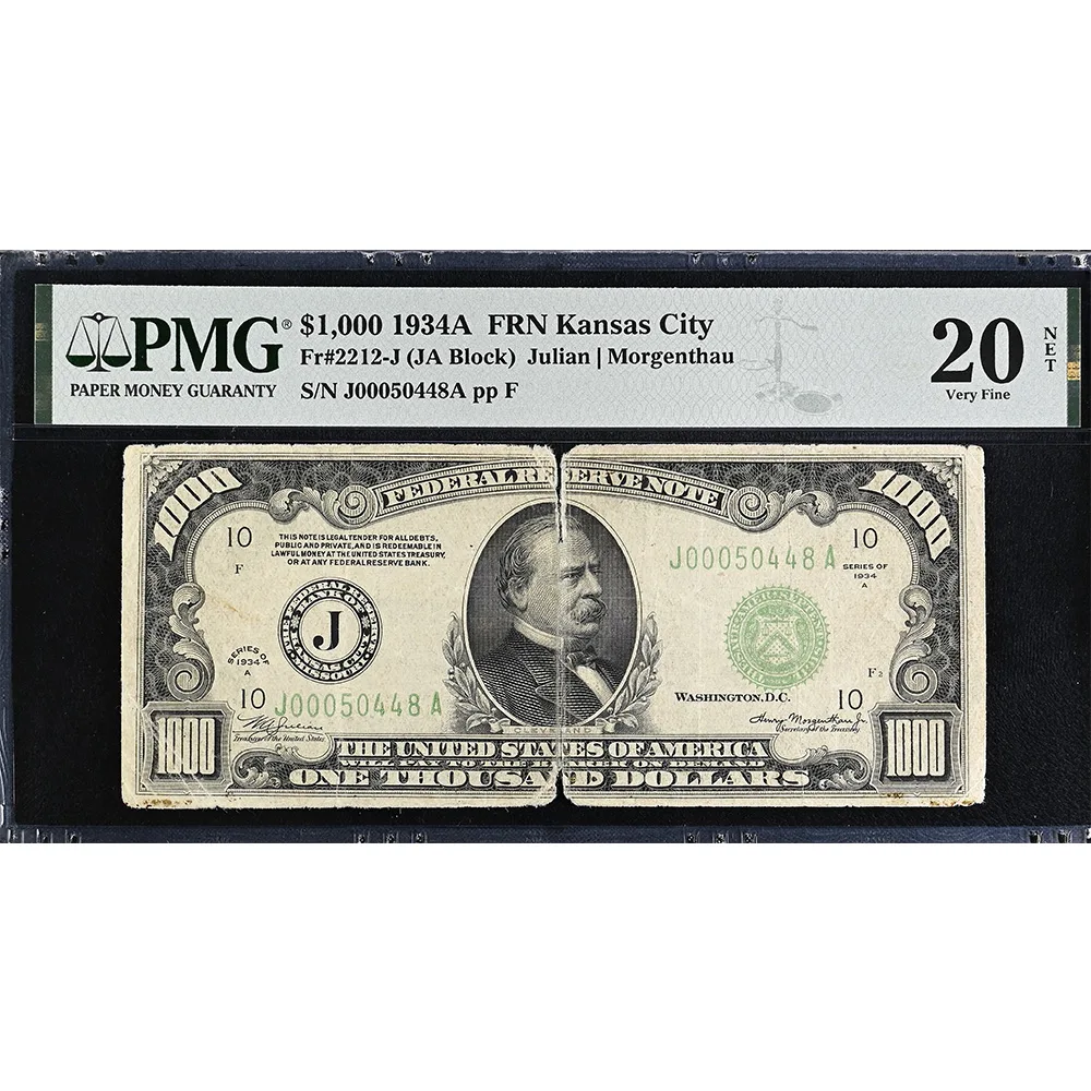 Federal Reserve Note Kansas City 2212-J 1934A $1,000 Green Block- Julian Morgenthau PMG VF20 Net