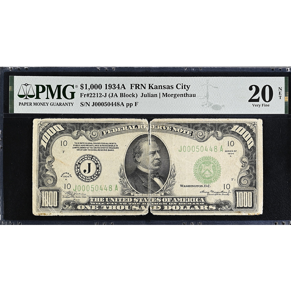 Federal Reserve Note Kansas City 2212-J 1934A $1,000 Green Block- Julian Morgenthau PMG VF20 Net