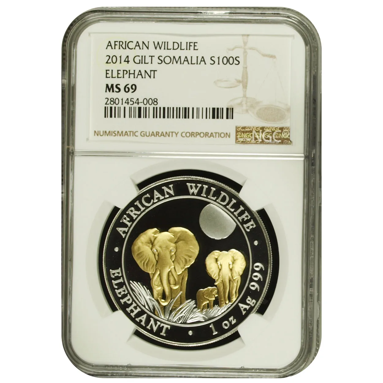 2014 100 Shilling Somalia Elephant Gold Gilt NGC MS69