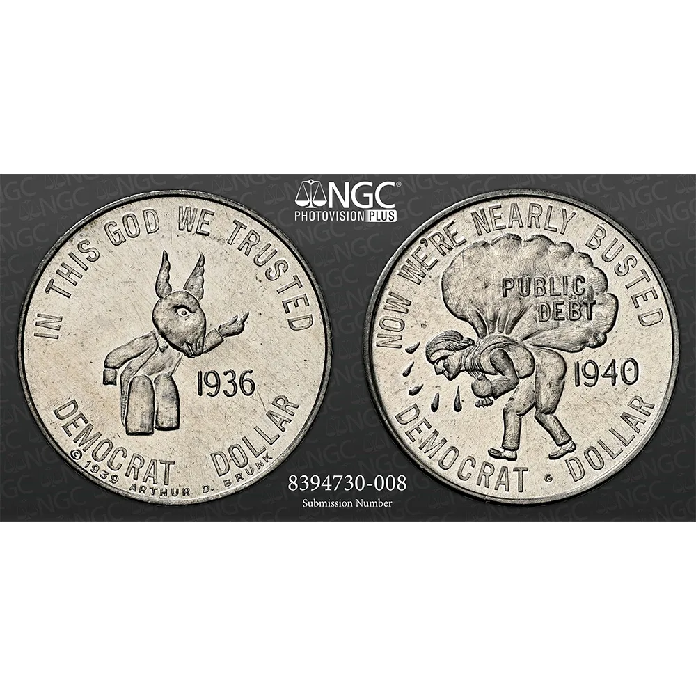 1940 Aluminum 32mm Democrat Dollar Now We're Nearly Busted NGC MS 63 PL - Image 5