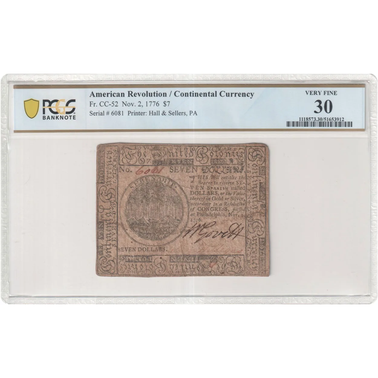 1776 $7 American Revolution Continental Currency PCGS VF30