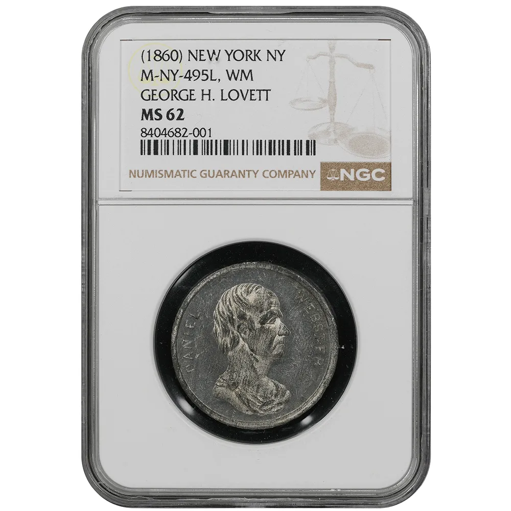 (1860) NY M-NY-495L WM Daniel Webster / Cupid on Sea Monster, George H. Lovett — NGC MS 62