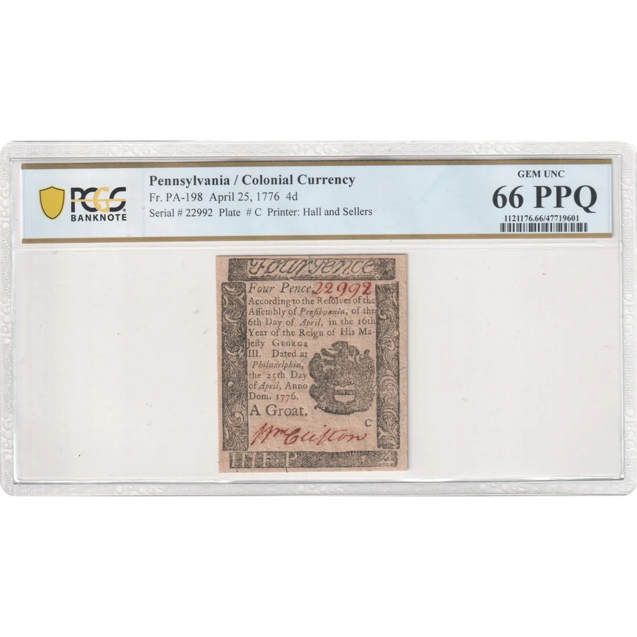 1776 Four Pence Pennsylvania Colonial Note PMG GEM UNC 66 PPQ