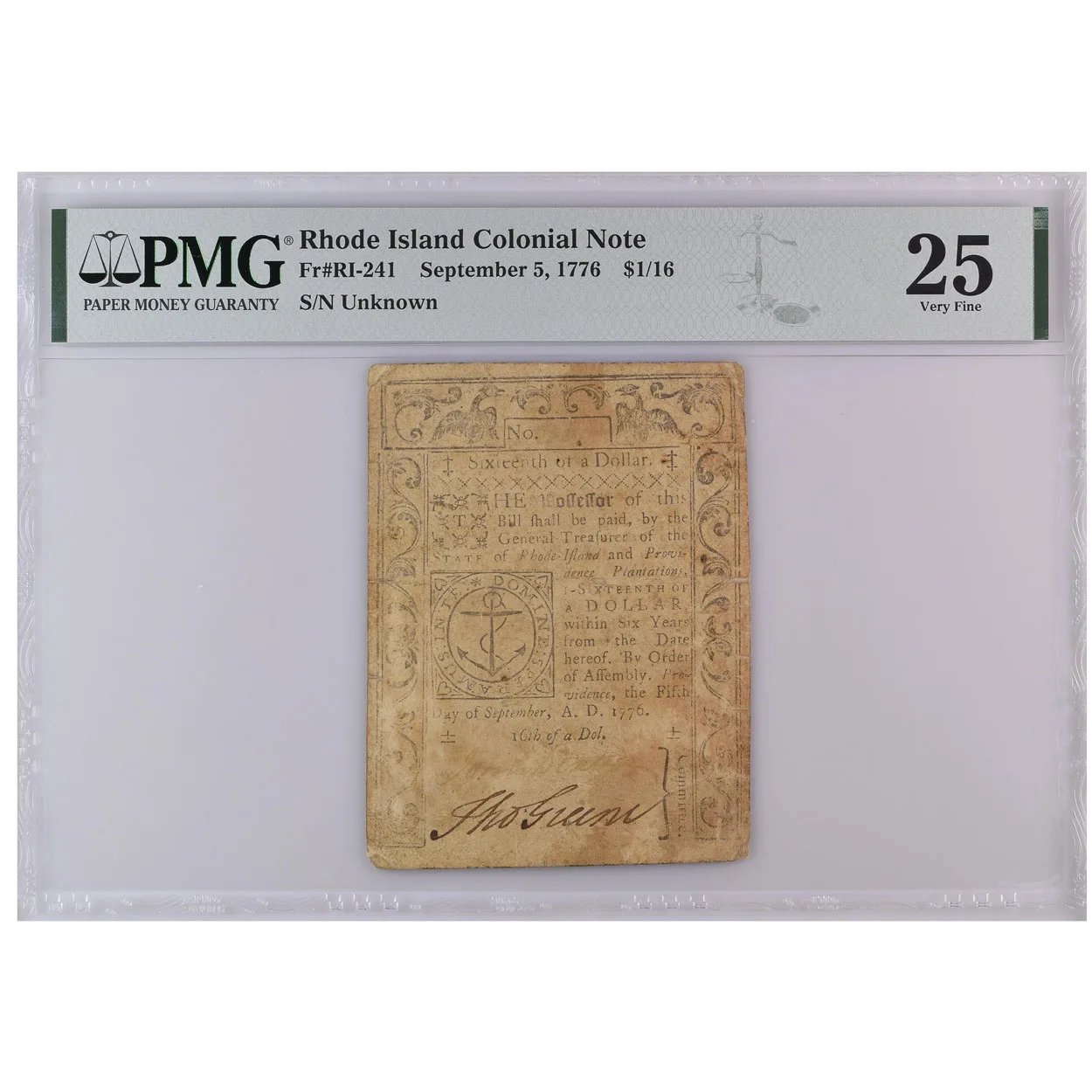 1776 $1/16 Rhode Island Colonial Note PMG VF 25