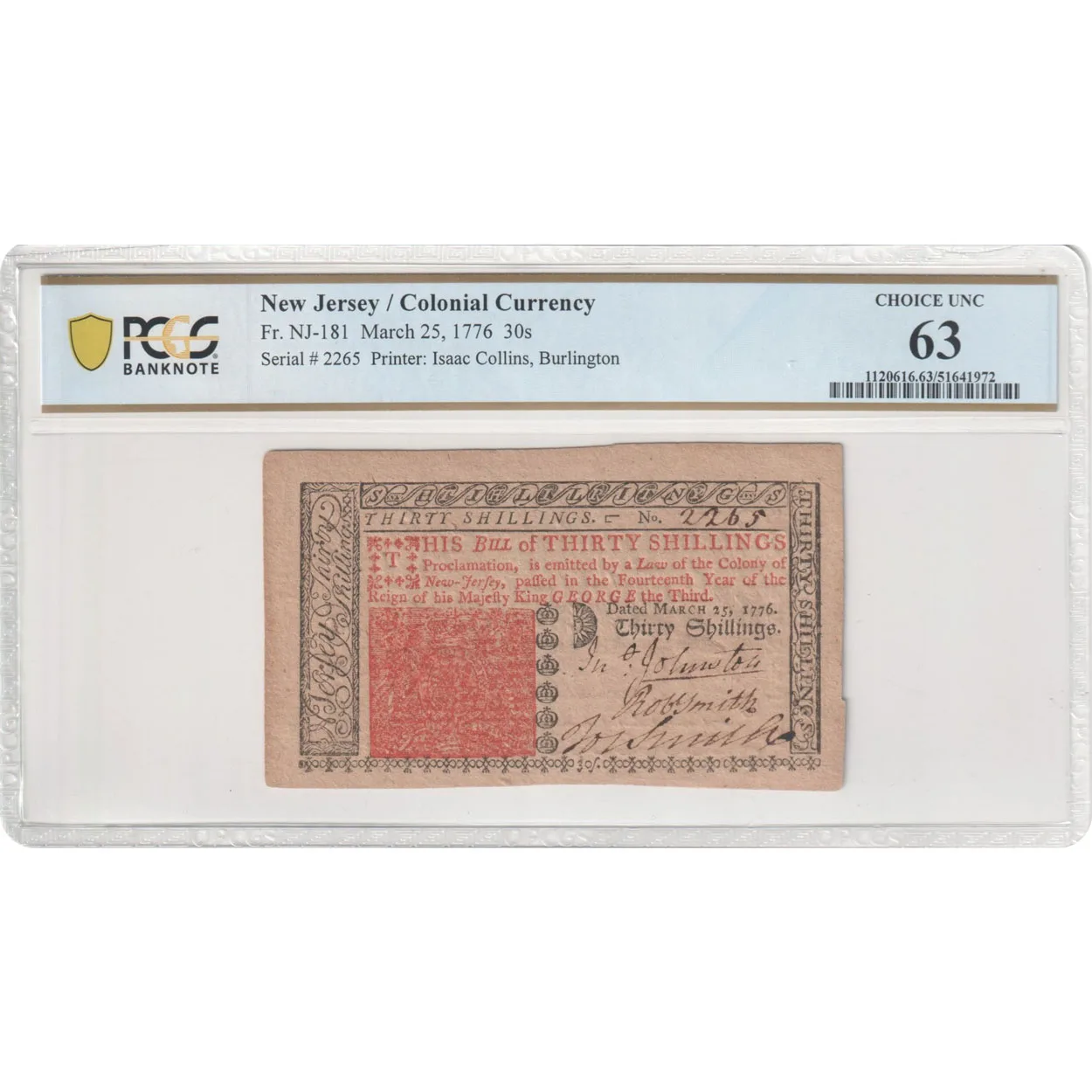 1776 Thirty Shillings New Jersey Colonial Note Choice UNC 63