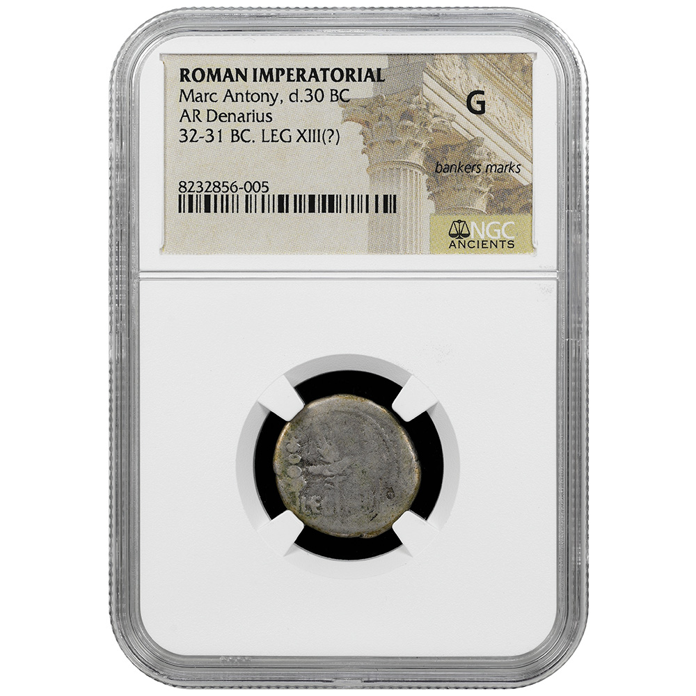 32-31 BC Roman Imperatorial Marc Anthony Legionary AR Denarius NGC G