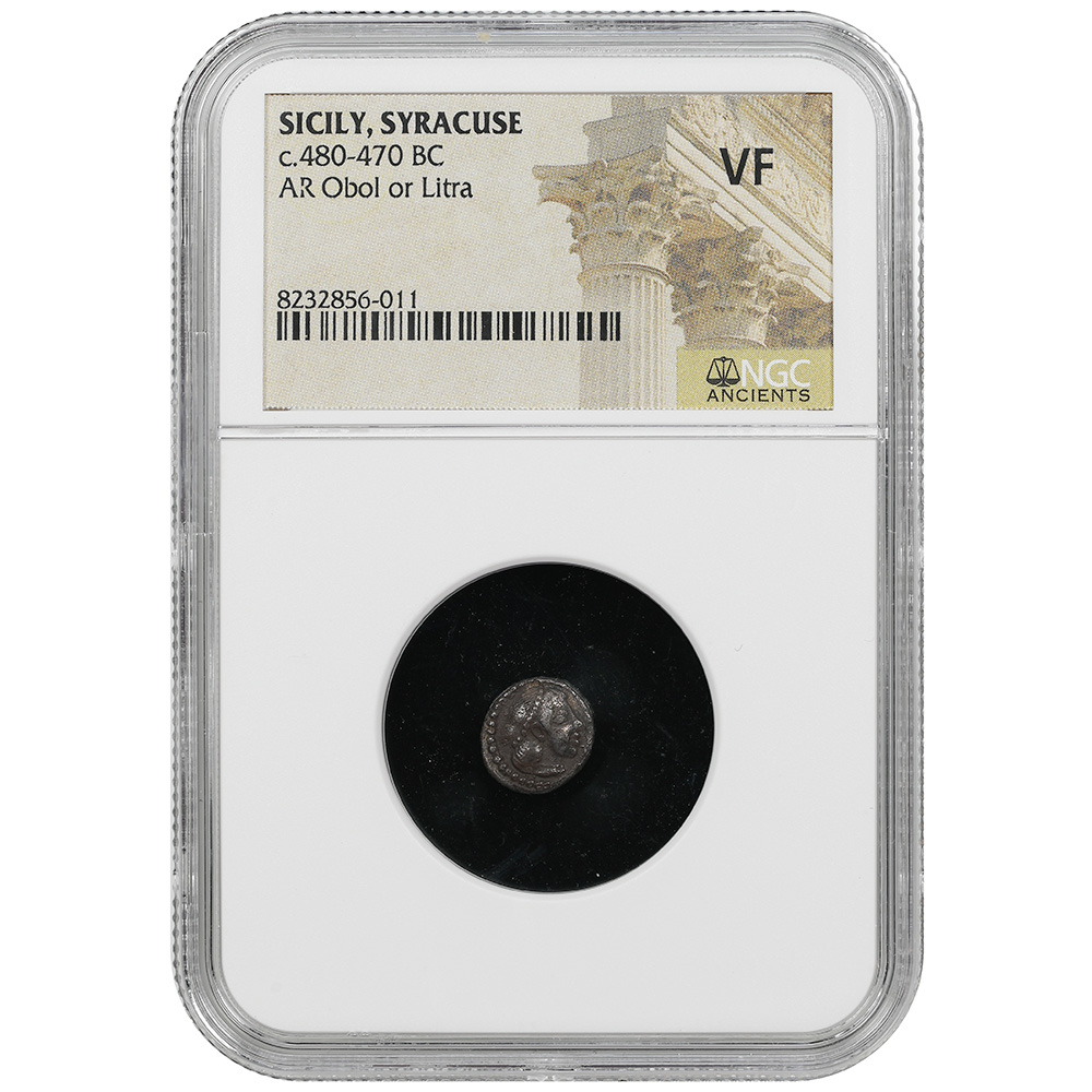 c.480-470 BC SICILY, SYRACUSE AR Obol or Litra NGC VF Full Bust