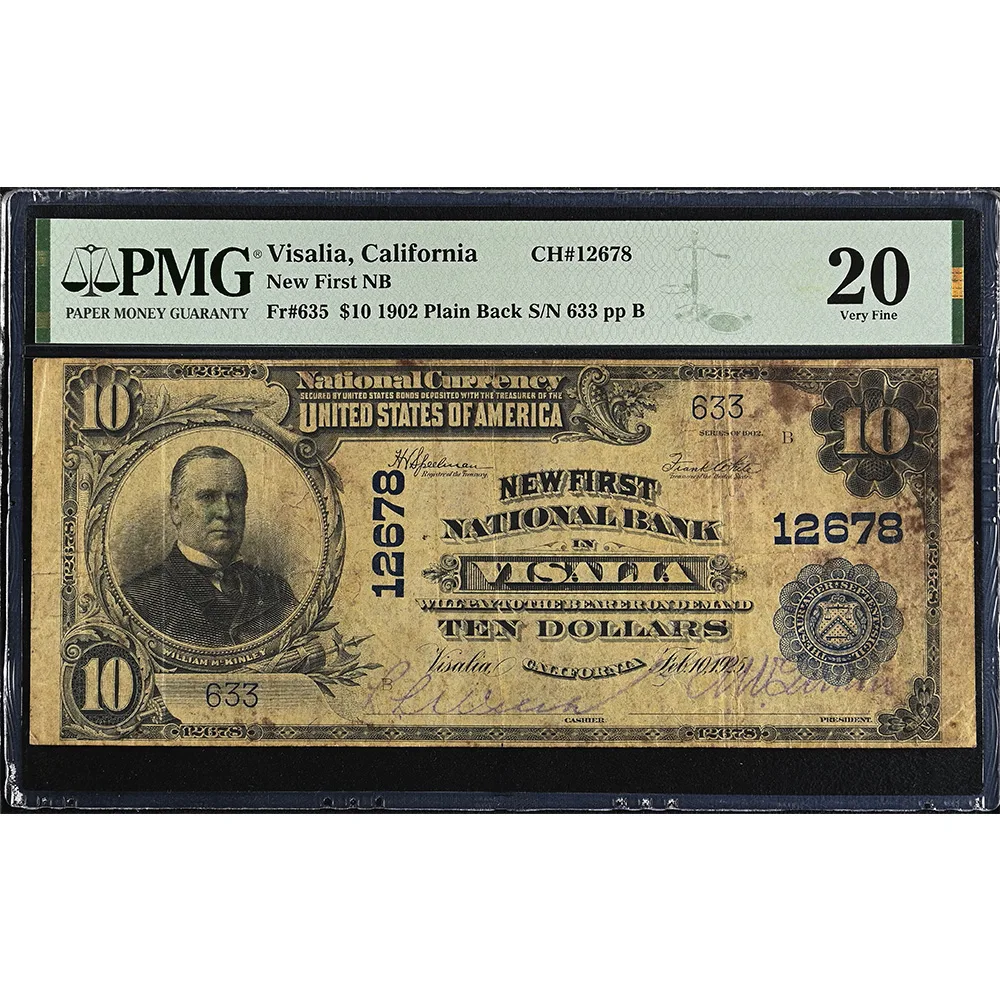 Visalia, CA - $10 1902 Plain Back Fr. 635 New First NB Ch. # 12678 PMG Very Fine 20