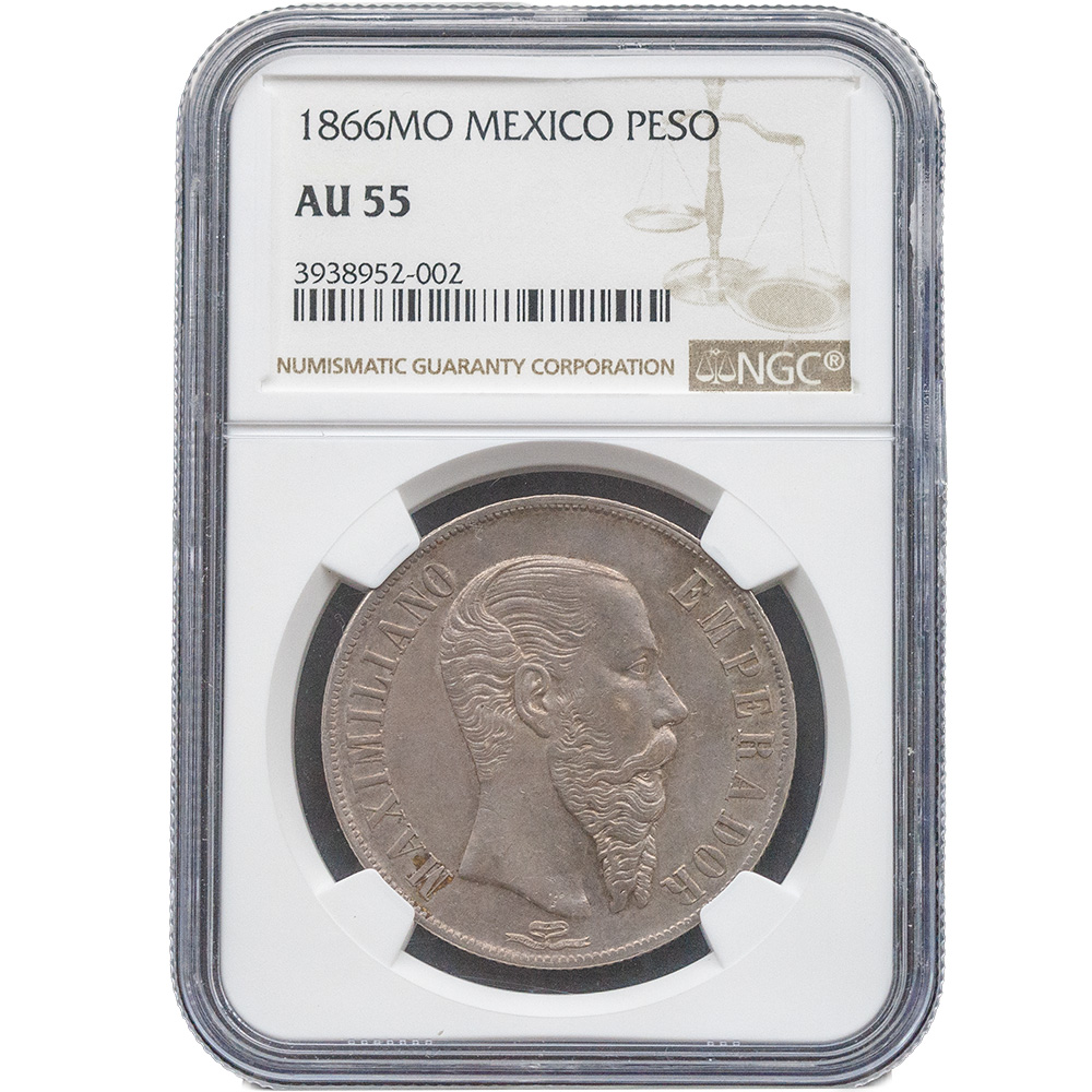 1866-Mo Mexico Maximilian Peso NGC AU 55