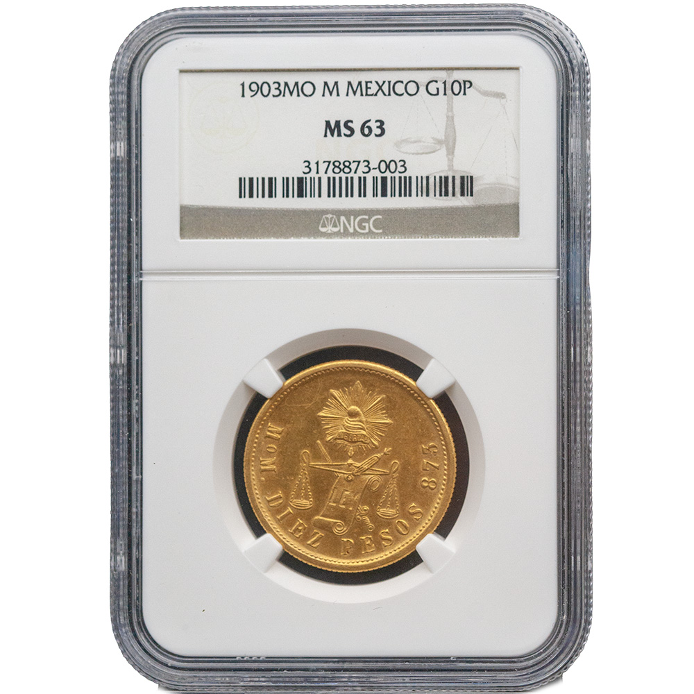 1903-Mo|M Mexico Gold 10 Peso NGC MS63 Certified Scarce!! 713 Mintage! KM#413.7
