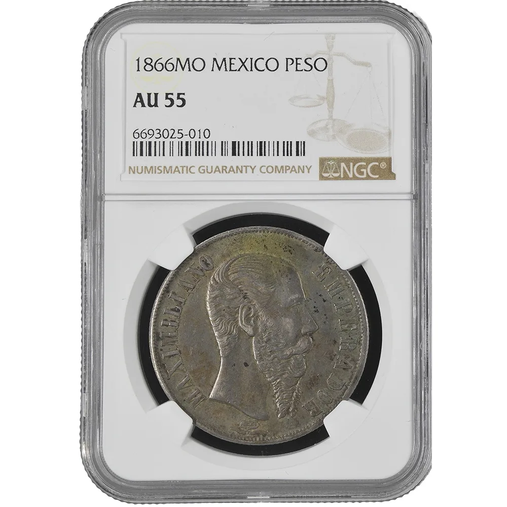 1866-Mo Mexico Maximilian Peso NGC AU 55