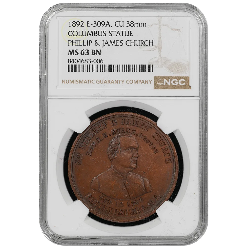 1892 E-309A CU 38mm Columbus Statue Phillip & James Church NGC MS63