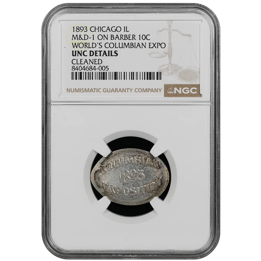 1893 World’s Columbian Expo Elongated Barber Dime M&D-1 NGC UNC