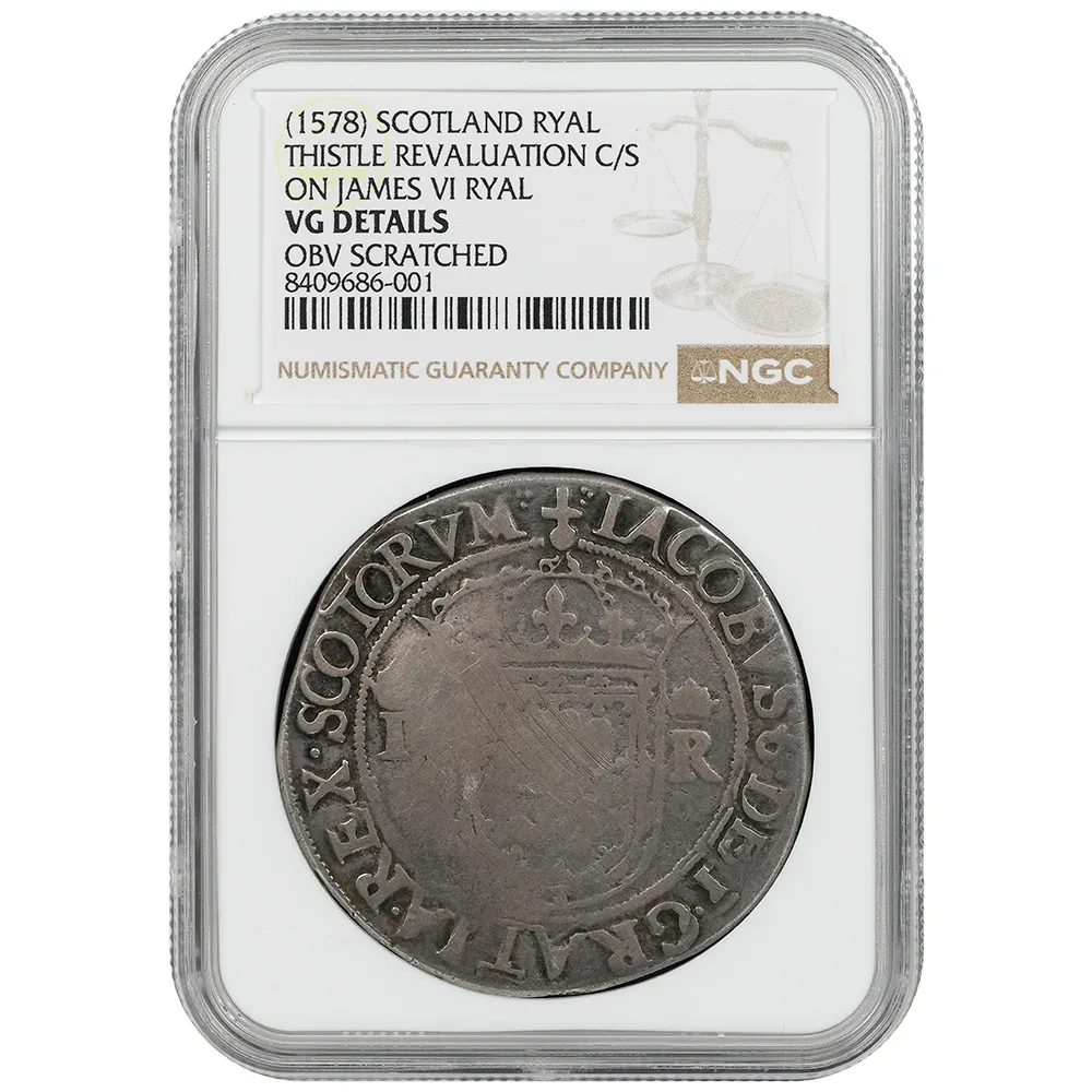 (1578) Scotland Thistle Revaluation C/S on James VI Ryal NGC VG Details