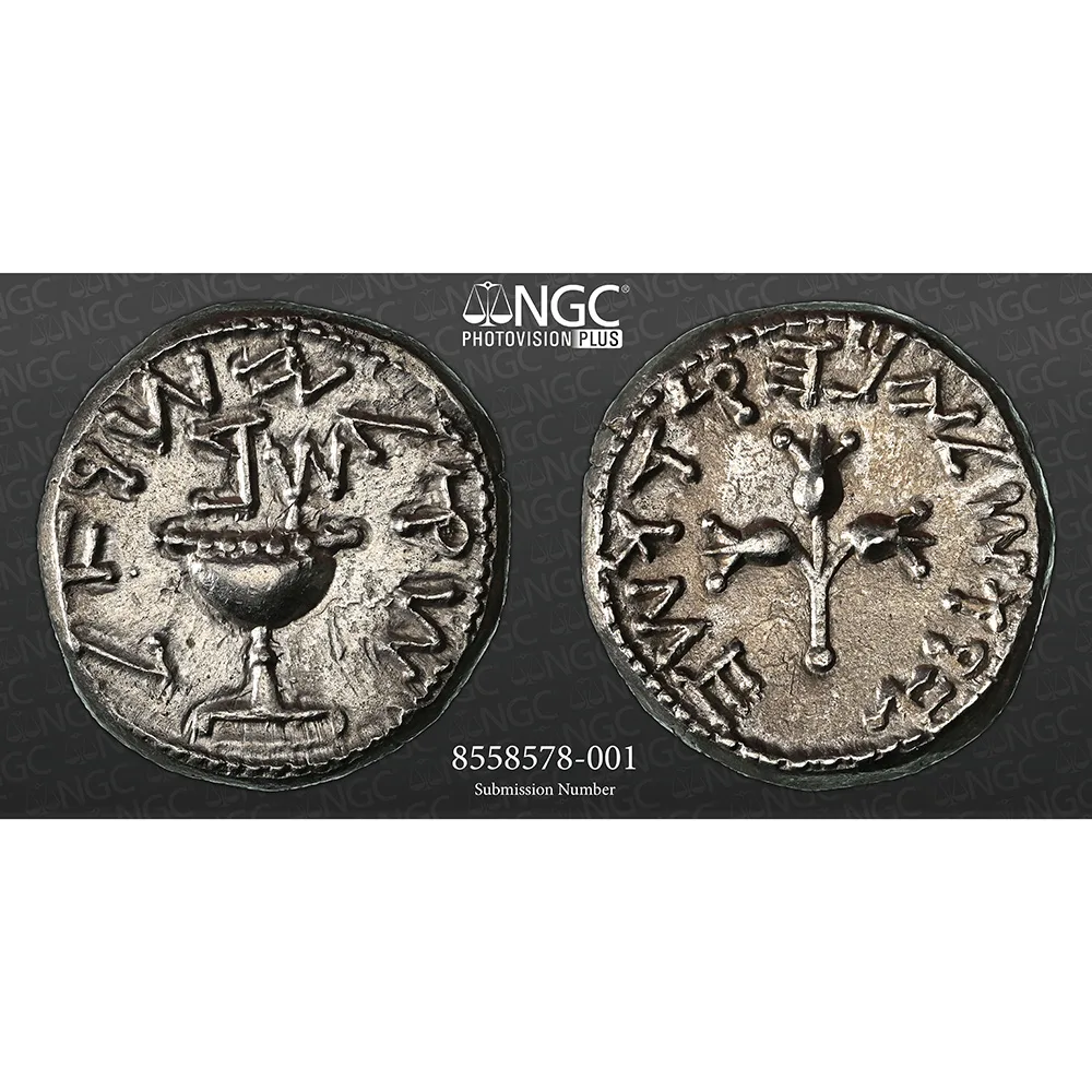 JUDAEA. First Jewish War, 66-70 C.E. AR Shekel (13.93 g), Jerusalem Mint, year 2 (67/8 C.E.) NGC AU Strike 5/5