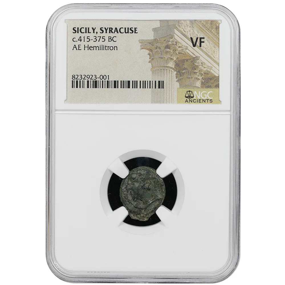 Sicily Syracuse c.415-375 BC Arethusa Reverse Wheel AE Hemilitron NGC Very Fine