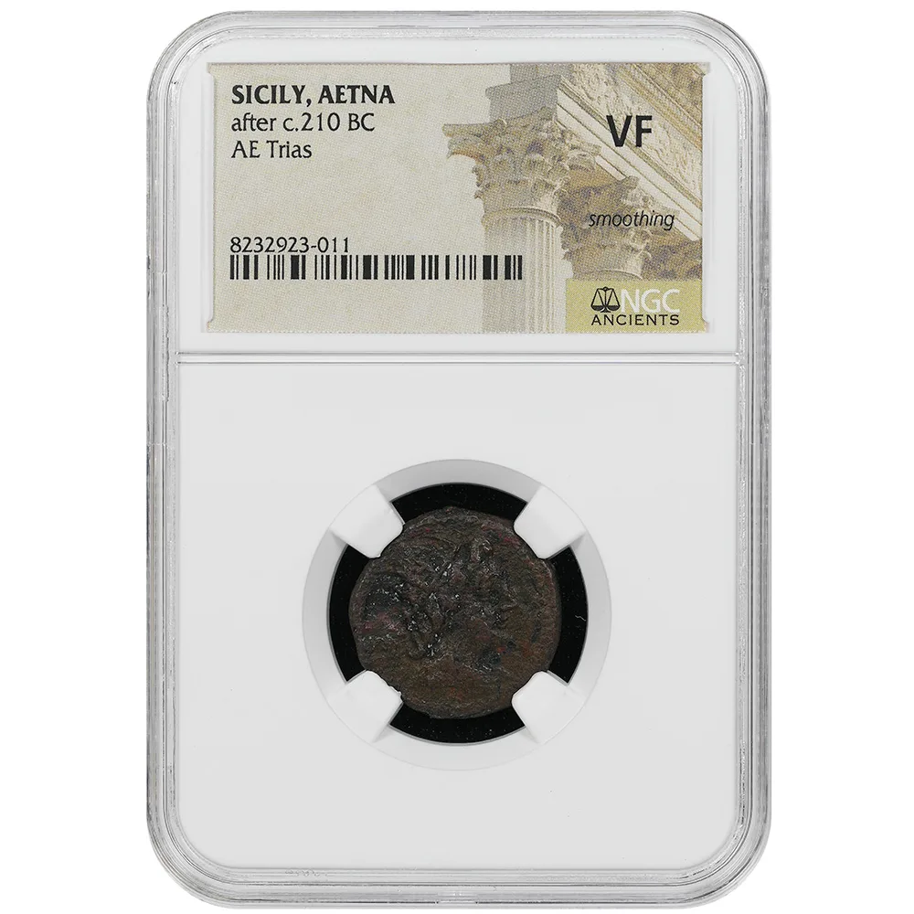 Sicily, Aetna AE Trias (After 210 BC) head Of Apollo, Warrior Standing – NGC VF