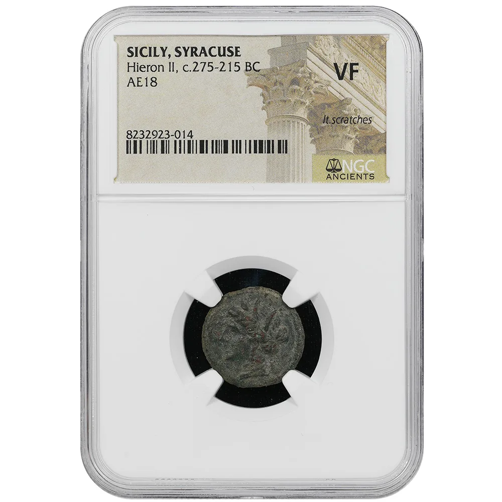 c.275-215 BC Hieron II Sicily Syracuse AE 20 Persephone left, Bull butting left NGC VF