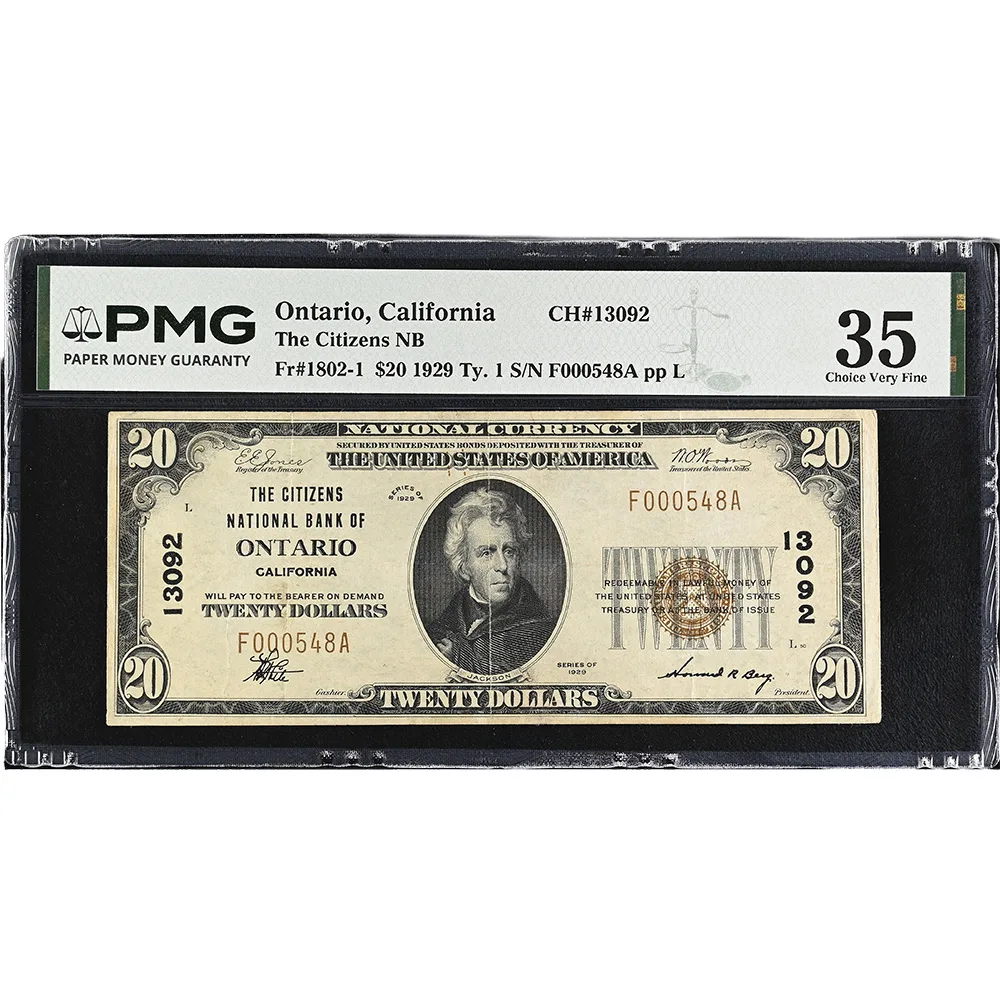 The Citizens NB Ontario California, $20 1929 Ty. 1 Small Size CH#13092 PMG VF35
