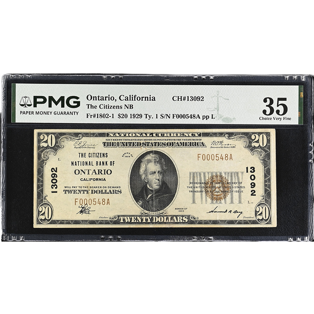 The Citizens NB Ontario California, $20 1929 Ty. 1 Small Size CH#13092 PMG VF35