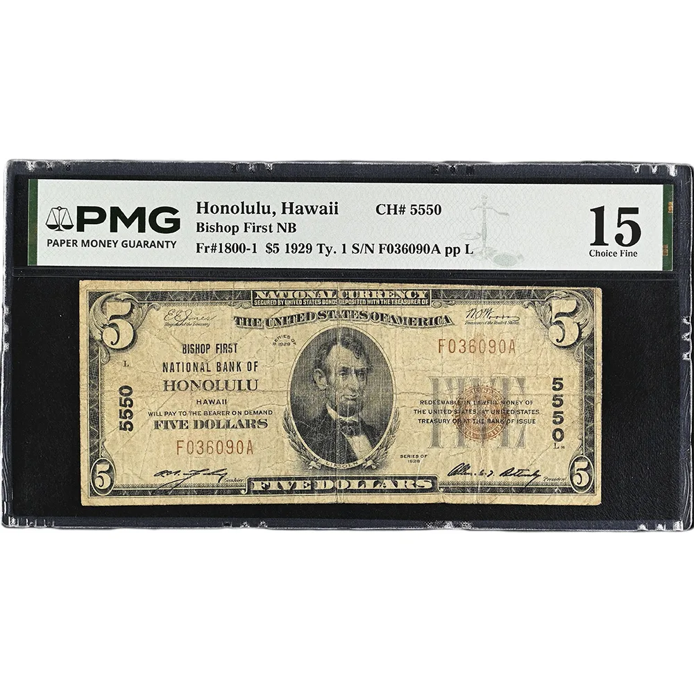 1929 CH# 5550 $5 Bishop National Bank of Hawaii, Honolulu FR# 1800-1 PMG Fine 15