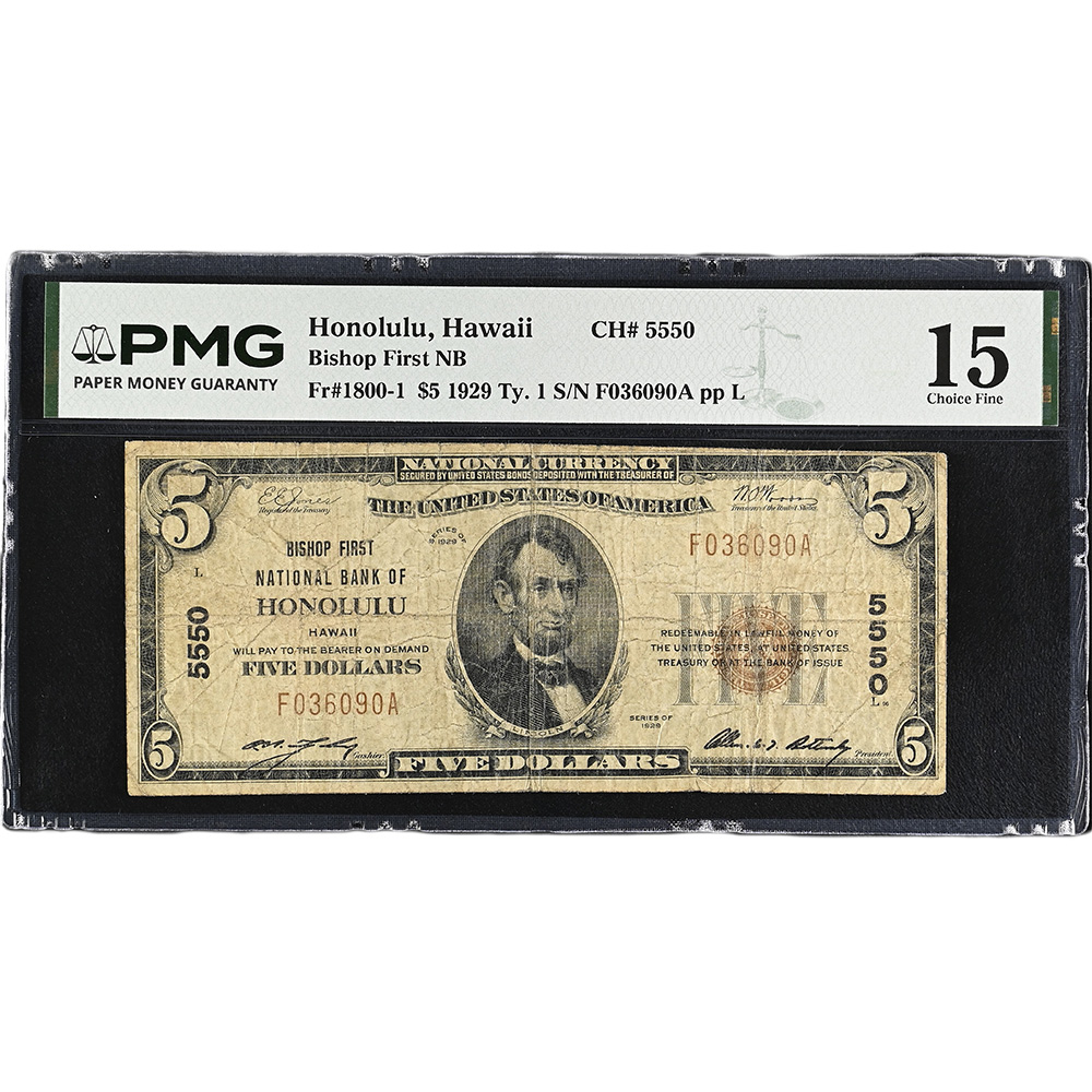 1929 CH# 5550 $5 Bishop National Bank of Hawaii, Honolulu FR# 1800-1 PMG Fine 15