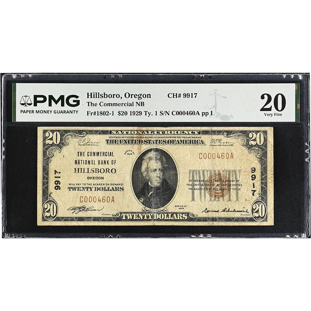 $20 1929 The Commercial NB Hillsboro Oregon Ty. 1 Small Size PMG VF20