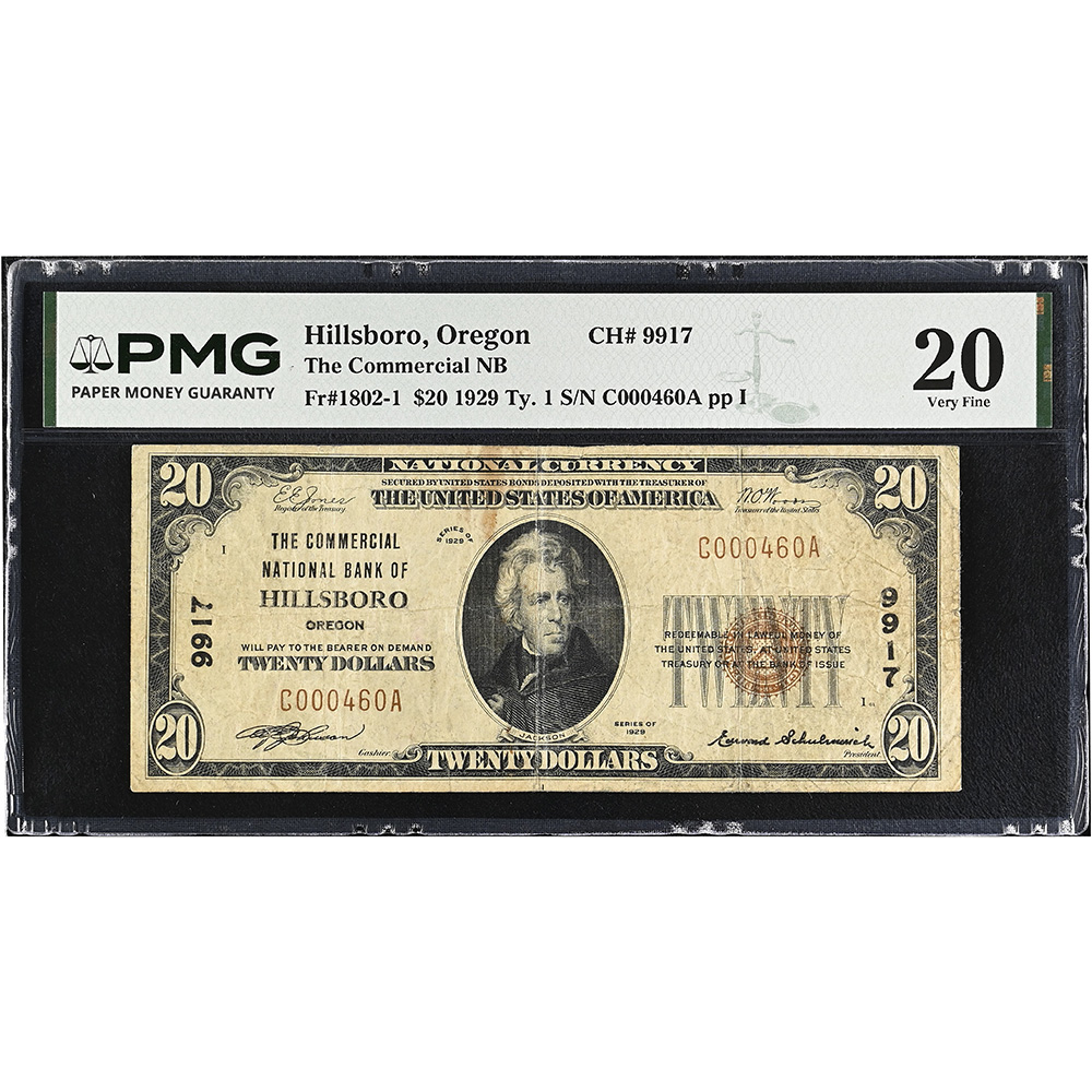 $20 1929 The Commercial NB Hillsboro Oregon Ty. 1 Small Size PMG VF20