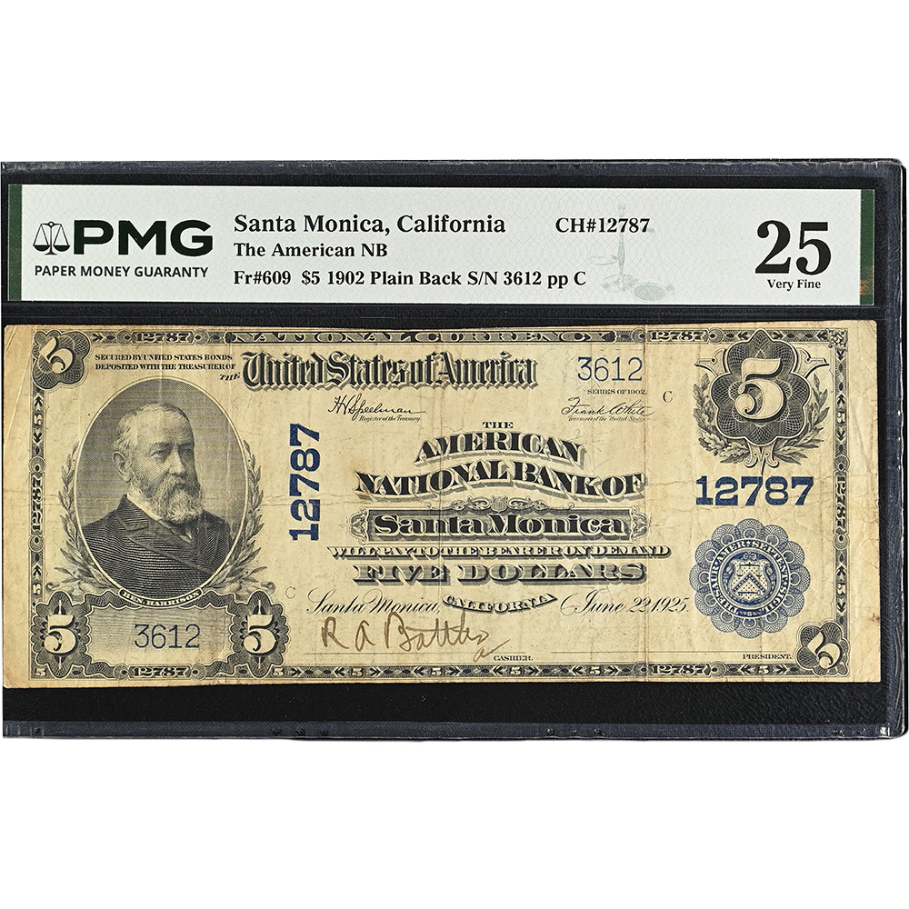 Santa Monica, CA – $5 1902 Plain Back Fr. 609 The American NB Ch. # 12787 PMG VF 25