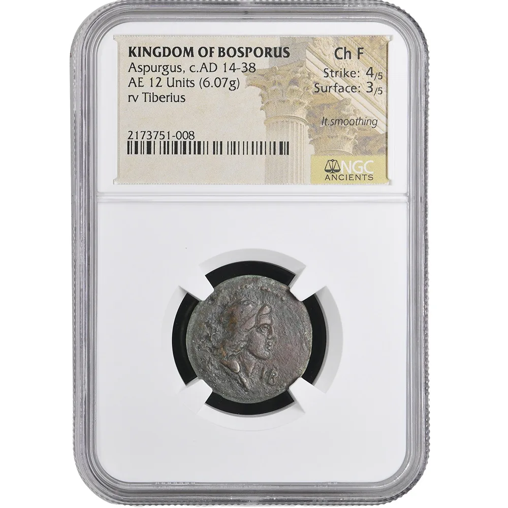 AD 14-38 Kingdom Of Bosporus Aspurgus/Tiberus Lungdunum AE 12 Units NGC CH F
