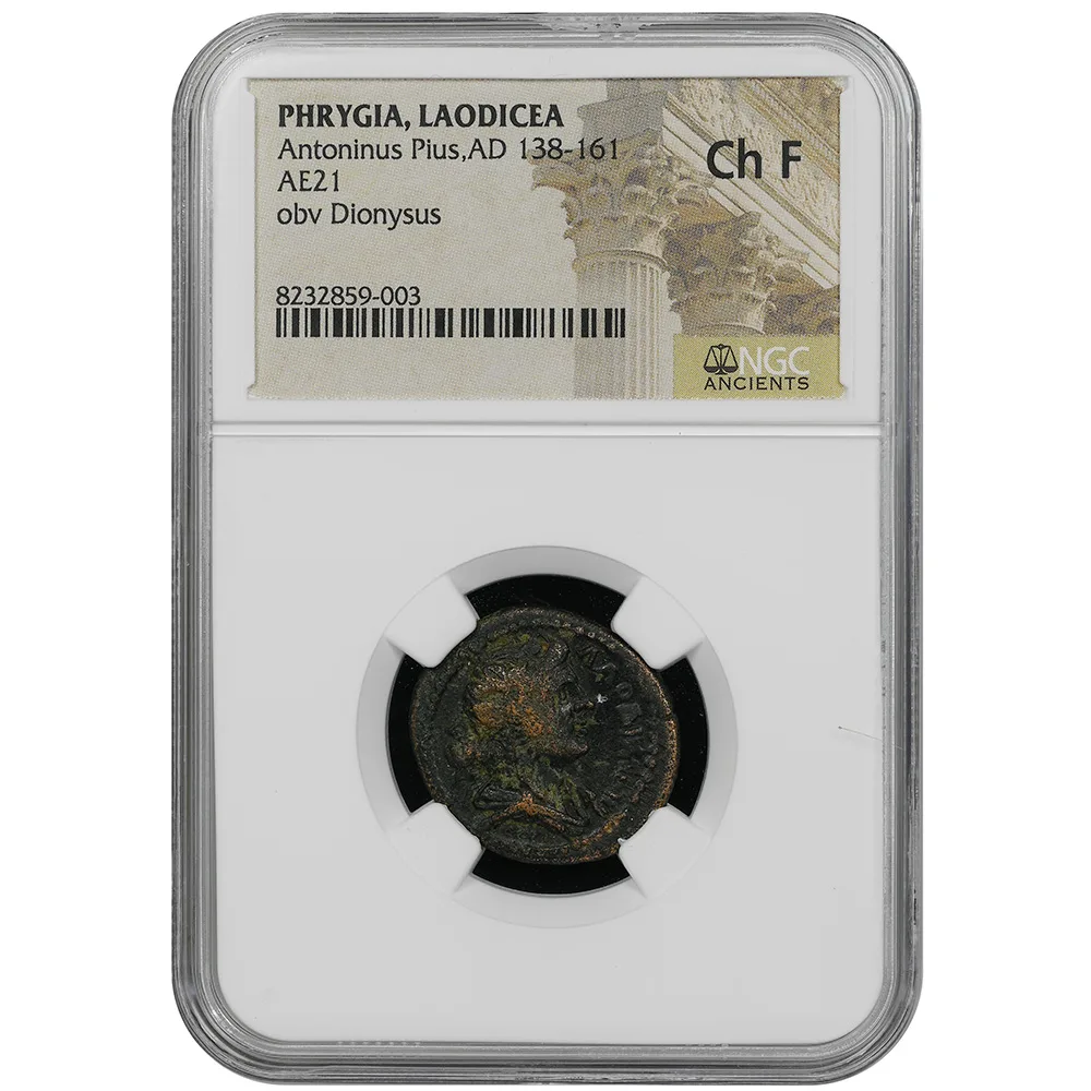 AD 138-161 Phrygia, Laodicea AE21 – Antoninus Pius – Dionysus Type NGC CH F