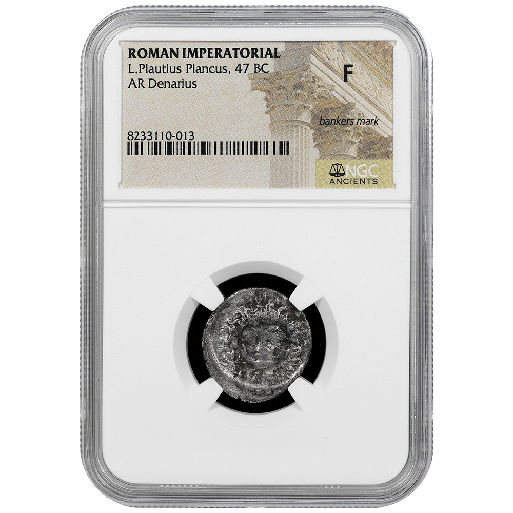 47 BC Roman Imperatorial Medusa L. Plautius Plancus AR Denarius NGC F