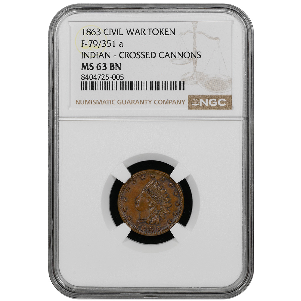 1863 Civil War Token F-79/351a Indian - Crossed Cannons NGC MS 63 BN