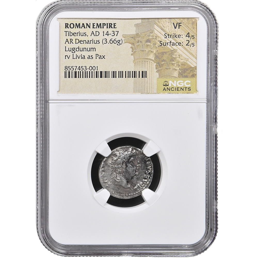 AD 14-37 Roman Empire Tiberus Lungdunum AR Denarius NGC VF