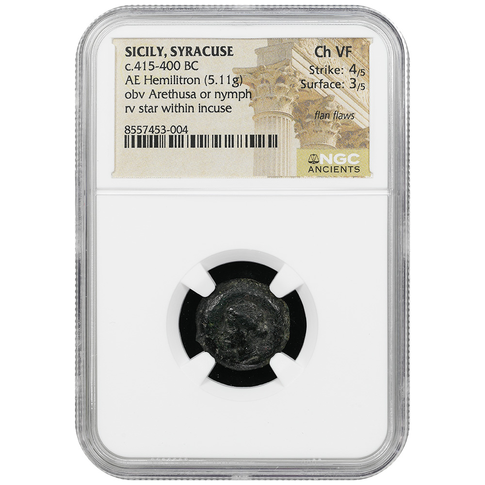 c.415-400 BC Sicily Syracuse AE Hemilitron OBV Arethousa NGC Choice VF