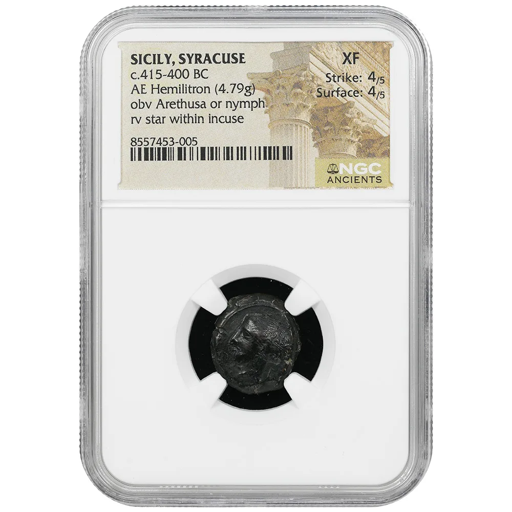 c.415-400 BC Sicily Syracuse AE Hemilitron OBV Arethousa NGC XF