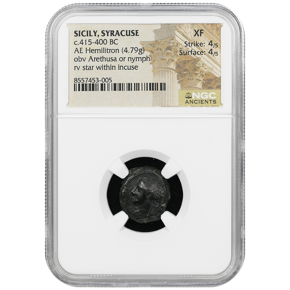 c.415-400 BC Sicily Syracuse AE Hemilitron OBV Arethousa NGC XF