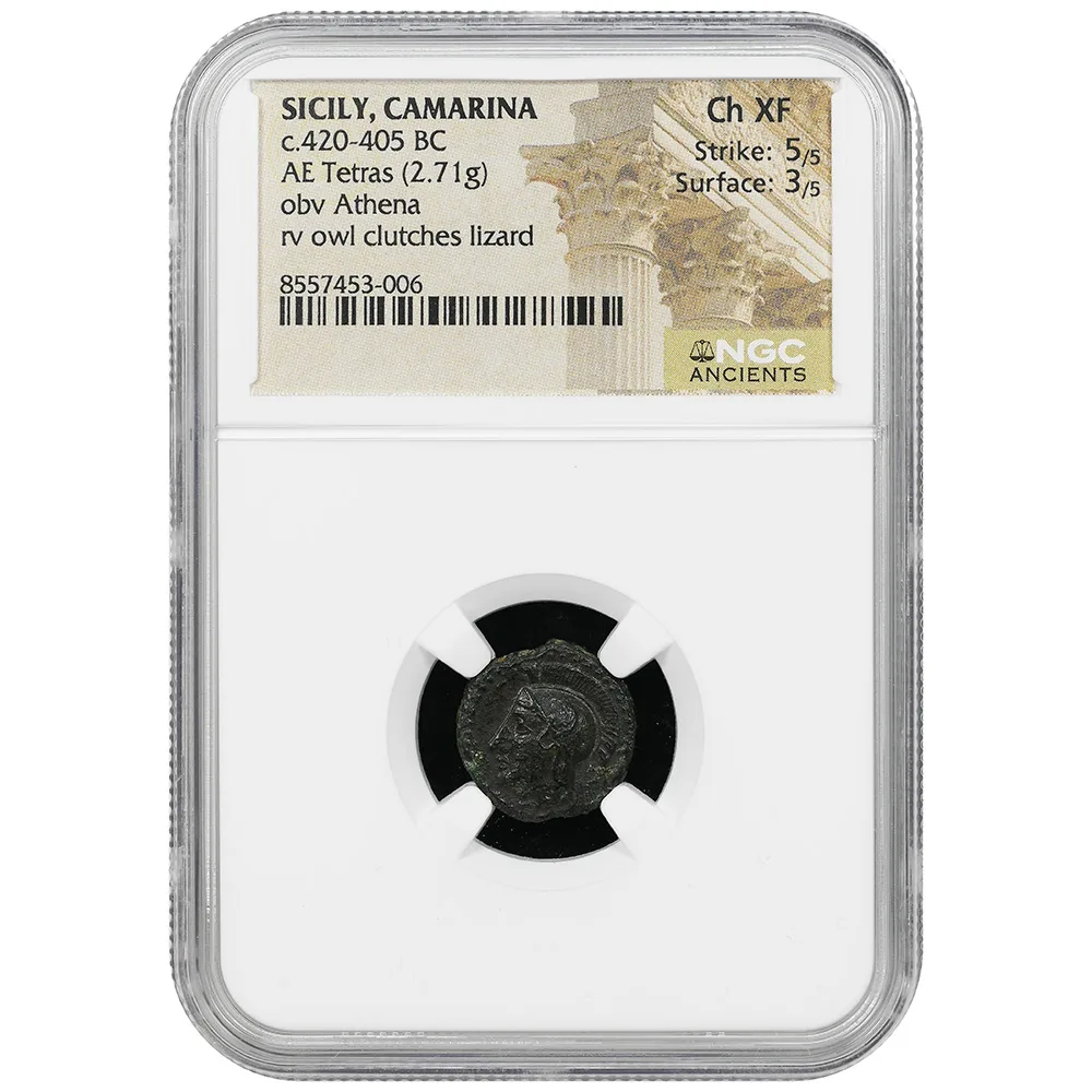 c.420-405 BC Sicily Camarina AE Tetras OBV Aethna NGC Choice XF
