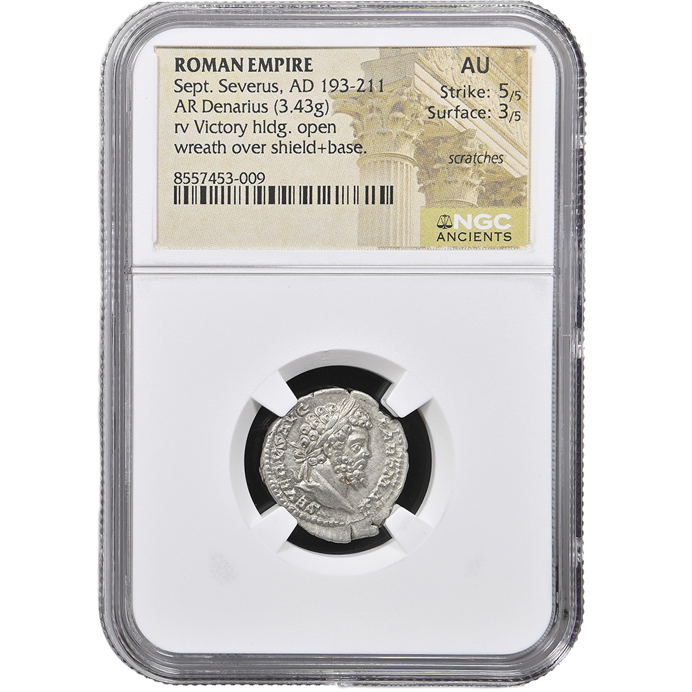 AD 193-211 Roman Empire Septimius Severus Rev Victory AR Denarius NGC AU