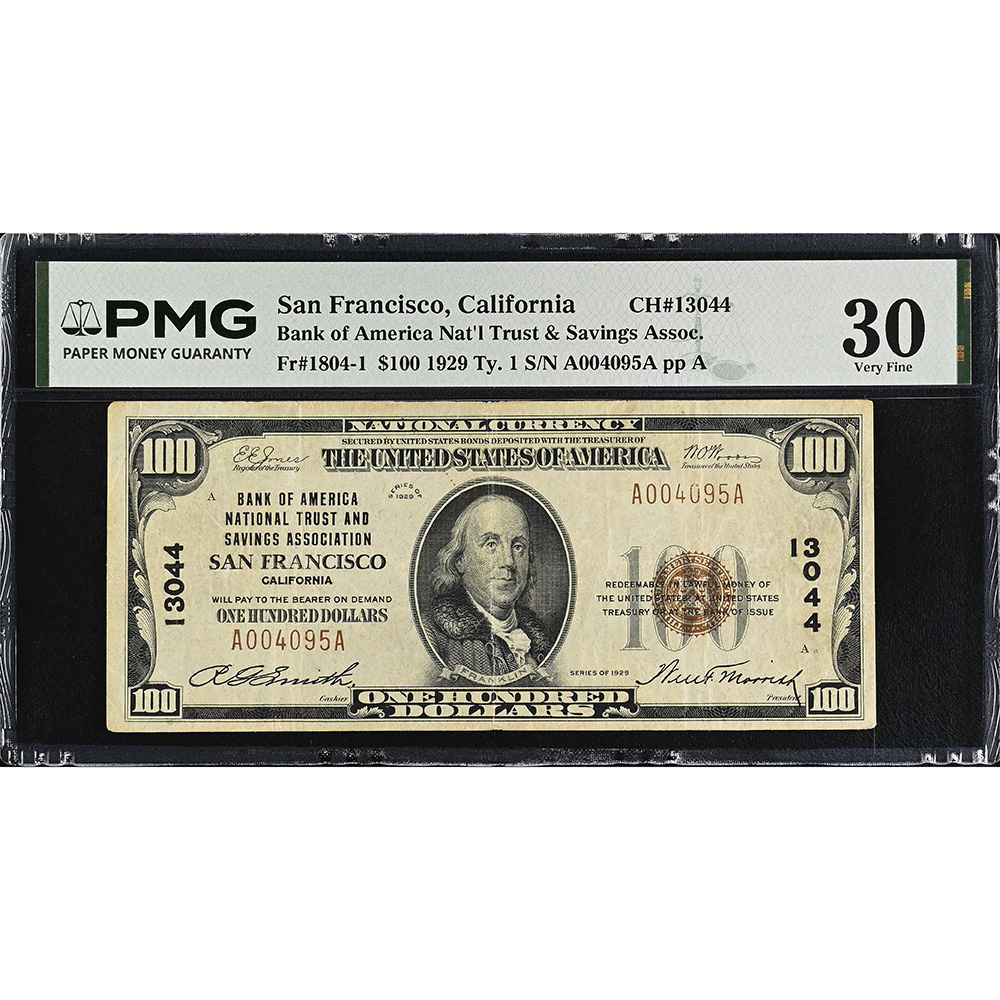 Bank Of America Nat'l Trust & Savings Assoc. San Francisco, CA, $100 1929 Ty. 1 Small Size CH#13044 PMG VF30