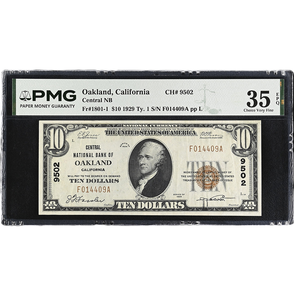 Central National Bank Oakland California, $10 1929 Ty. 1 Small Size CH#9502 PMG VF35 EPQ