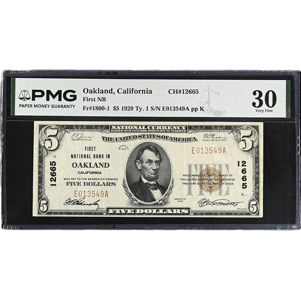 First Citizens NB Oakland California, $5 1929 Ty. 1 Small Size CH#12665 PMG VF30