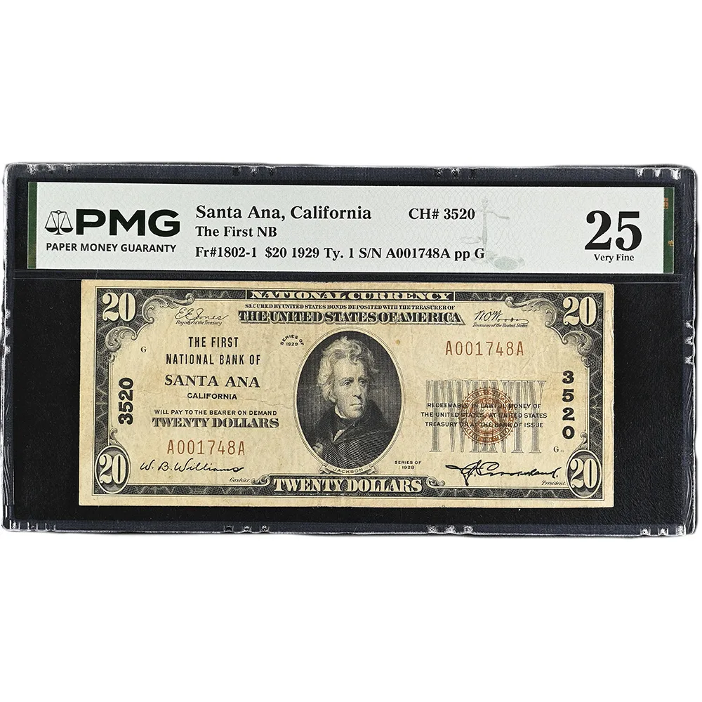 The First National Bank Of Santa Ana California, $20 1929 Ty. 1 Small Size CH#3520 PMG VF25