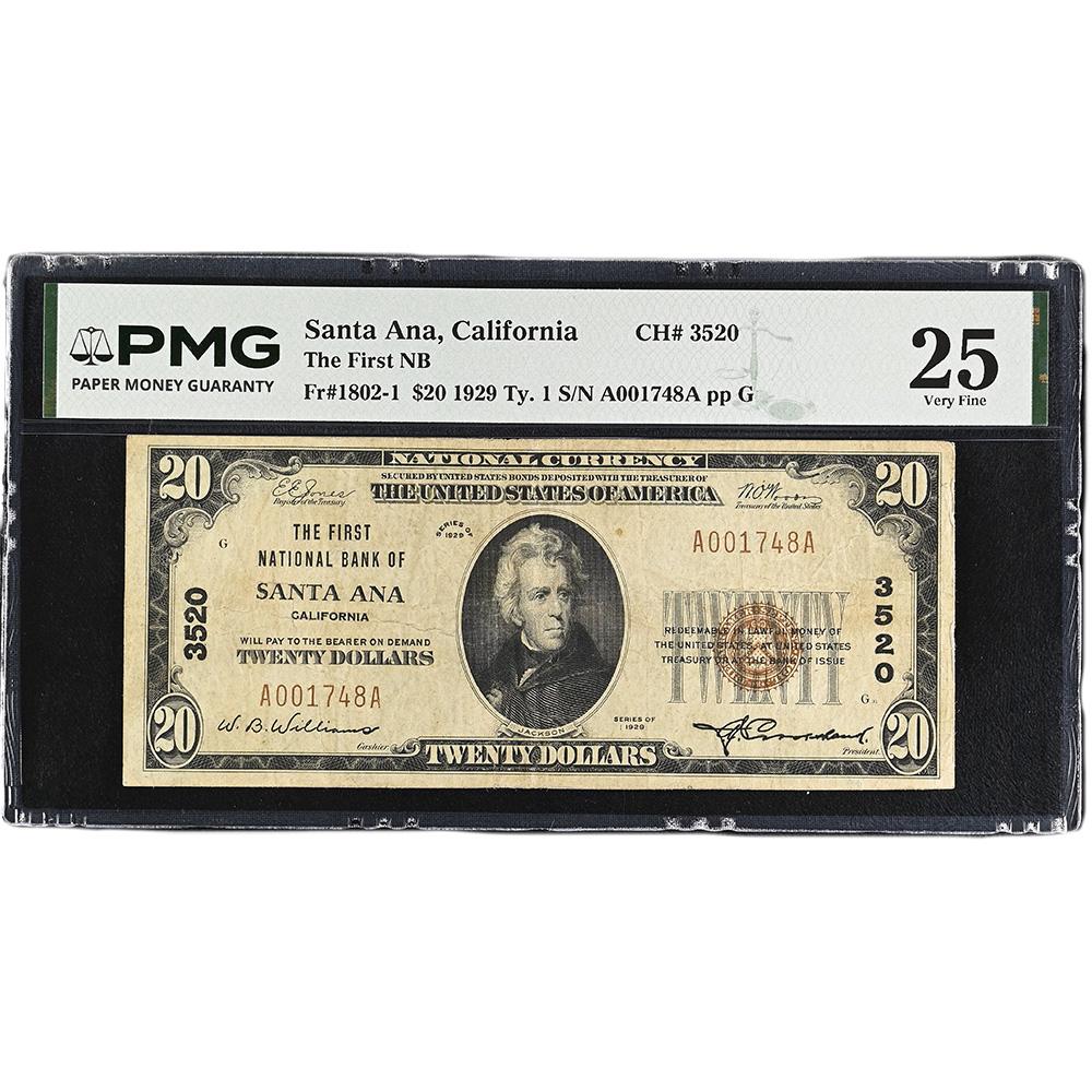 The First National Bank Of Santa Ana California, $20 1929 Ty. 1 Small Size CH#3520 PMG VF25