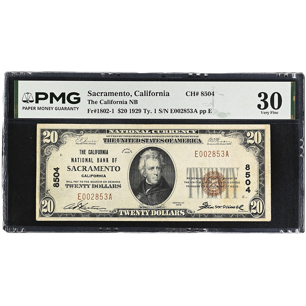The California National Bank Of Sacramento California, $20 1929 Ty. 1 Small Size CH#8504 PMG VF30